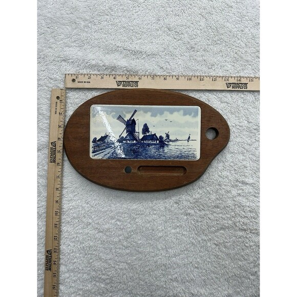 Delft Blue Windmill Cheese Board Charcuterie VTG Tile + Teak Wood Antique - Picture 16 of 16